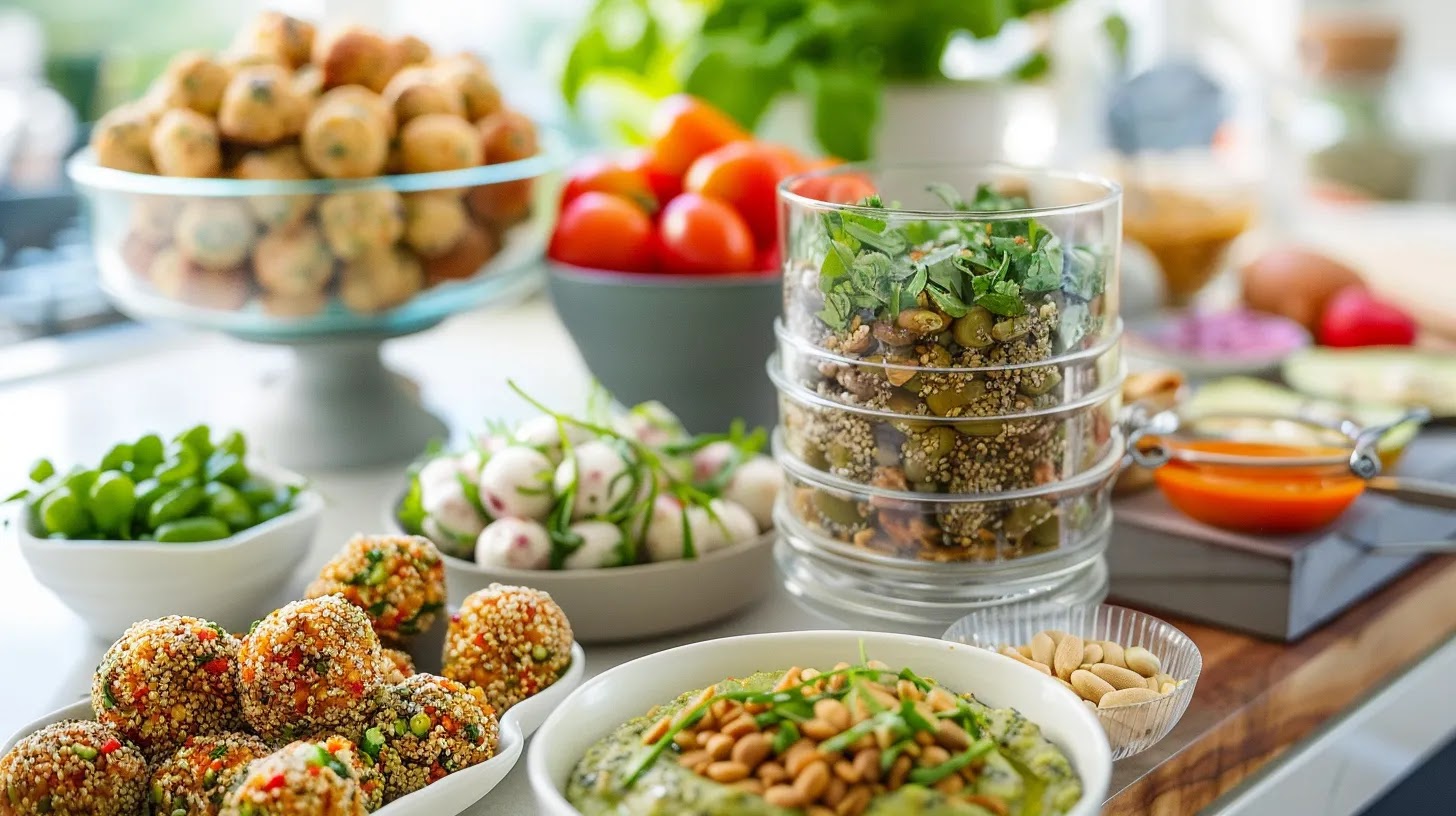 a vibrant kitchen countertop displays an array of colorful high-protein snacks, featuring a bowl of creamy hummus spiced with coriander, a stack of energy balls made from mixed nuts and seeds, and a tall glass of smooth, green vegan protein smoothie, all artfully arranged to showcase the enticing variety of plant-based options. a vibrant kitchen countertop displays an array of colorful high-protein snacks, featuring a bowl of creamy hummus spiced with coriander, a stack of energy balls made from mixed nuts and seeds, and a tall glass of smooth, green vegan protein smoothie, all artfully arranged to showcase the enticing variety of plant-based options.