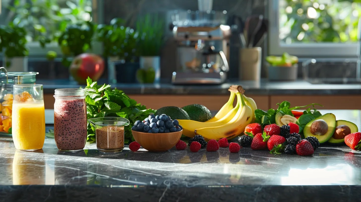 a vibrant kitchen countertop showcases a variety of colorful vegan protein shake ingredients, including ripe bananas, fresh berries, creamy avocados, and jars of nut butter, all artfully arranged to emphasize a healthy lifestyle. a vibrant kitchen countertop showcases a variety of colorful vegan protein shake ingredients, including ripe bananas, fresh berries, creamy avocados, and jars of nut butter, all artfully arranged to emphasize a healthy lifestyle.