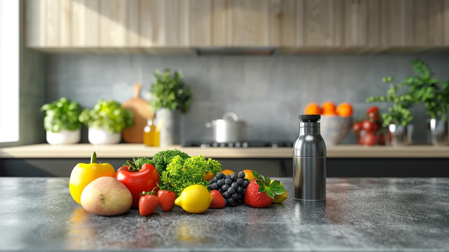 a modern kitchen with a sleek countertop displays a vibrant vegan protein shake surrounded by colorful fruits and vegetables, emphasizing the nutritious appeal of a plant-based diet. a modern kitchen with a sleek countertop displays a vibrant vegan protein shake surrounded by colorful fruits and vegetables, emphasizing the nutritious appeal of a plant-based diet.