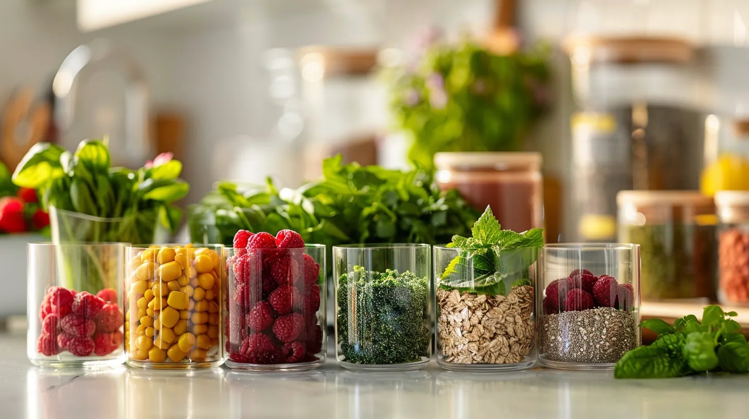 a vibrant kitchen countertop showcases a variety of colorful vegan protein shake ingredients, including fresh raspberries, leafy greens, oats, and spices, arranged artfully in transparent containers, reflecting a modern and health-conscious lifestyle. a vibrant kitchen countertop showcases a variety of colorful vegan protein shake ingredients, including fresh raspberries, leafy greens, oats, and spices, arranged artfully in transparent containers, reflecting a modern and health-conscious lifestyle.