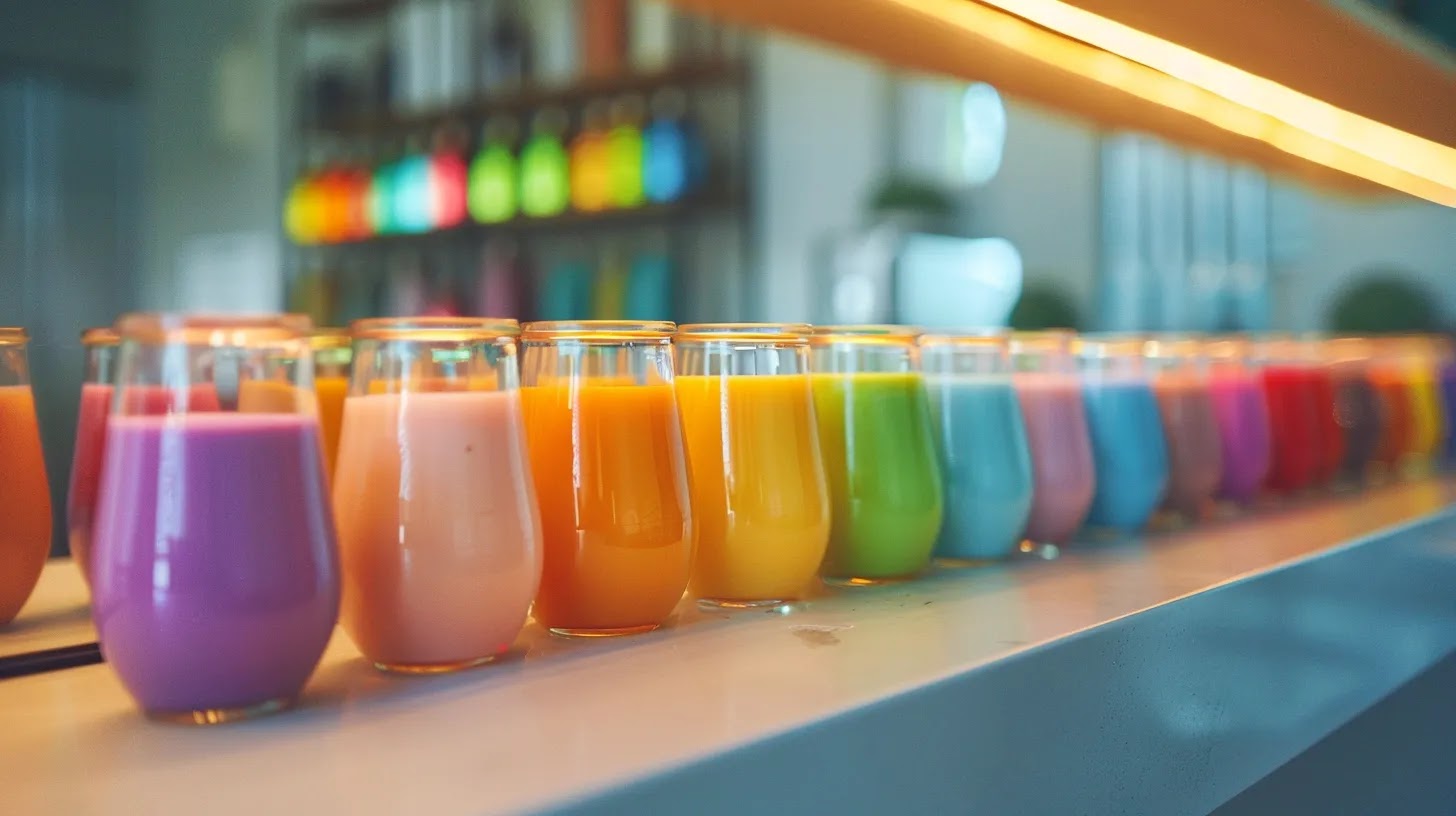 a vibrant, contemporary kitchen counter showcases an array of colorful vegan protein shakes in sleek glass jars, each uniquely styled for breakfast, snack, and dessert, illuminated by warm, inviting lighting that emphasizes their creamy textures and fresh ingredients. a vibrant, contemporary kitchen counter showcases an array of colorful vegan protein shakes in sleek glass jars, each uniquely styled for breakfast, snack, and dessert, illuminated by warm, inviting lighting that emphasizes their creamy textures and fresh ingredients.