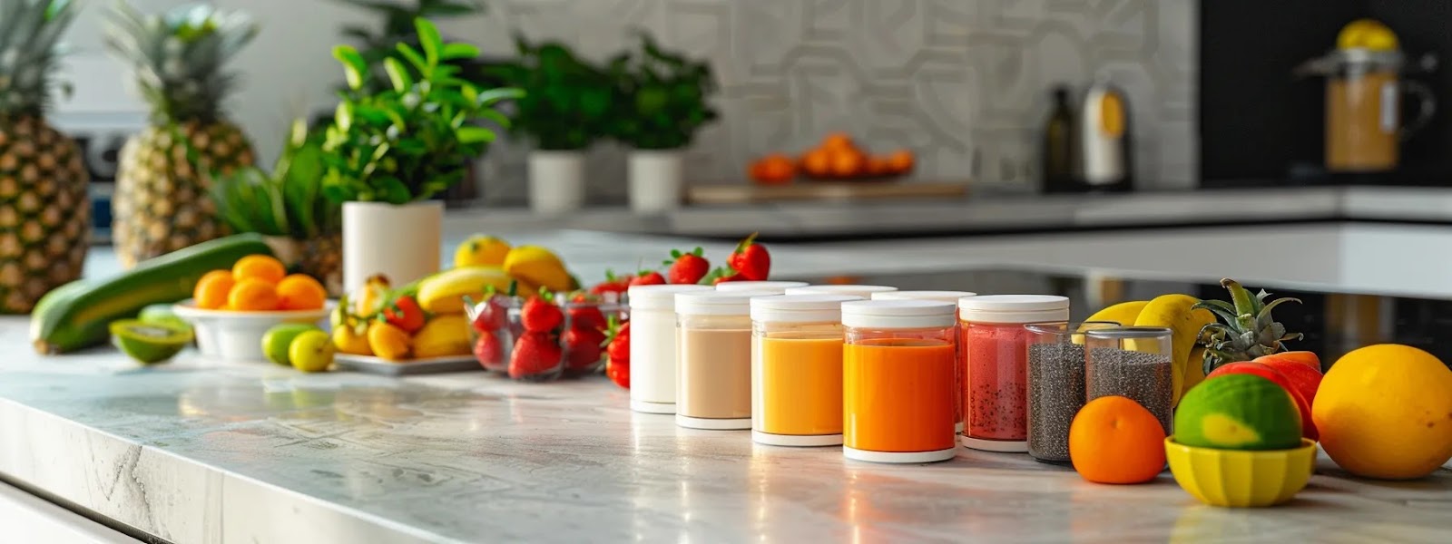 a modern kitchen countertop showcases an array of colorful plant protein powder containers, surrounded by vibrant fruits and milk alternatives, highlighting their versatility and appeal for a health-conscious lifestyle. a modern kitchen countertop showcases an array of colorful plant protein powder containers, surrounded by vibrant fruits and milk alternatives, highlighting their versatility and appeal for a health-conscious lifestyle.