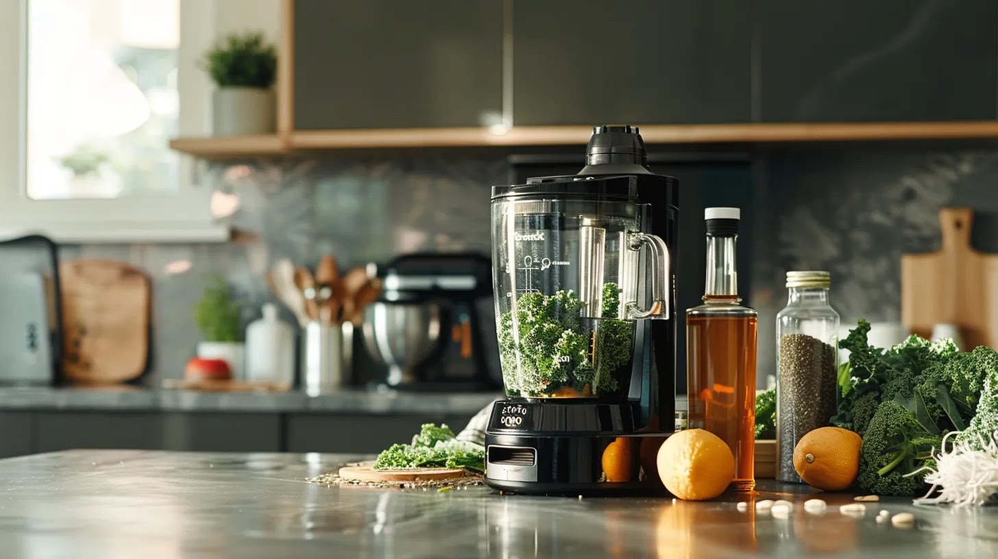 a modern kitchen countertop with a sleek blender surrounded by vibrant ingredients like kale, seeds, and a bottle of pure maple syrup, showcasing the process of creating a delicious vegan protein shake. a modern kitchen countertop with a sleek blender surrounded by vibrant ingredients like kale, seeds, and a bottle of pure maple syrup, showcasing the process of creating a delicious vegan protein shake.