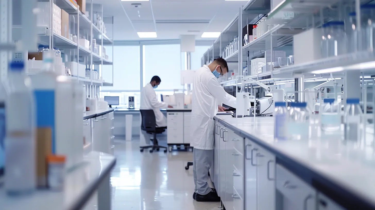 a sleek, modern laboratory filled with advanced research equipment showcases scientists analyzing probiotic cultures and protein samples, highlighting the cutting-edge innovations in gut health and nutrition.