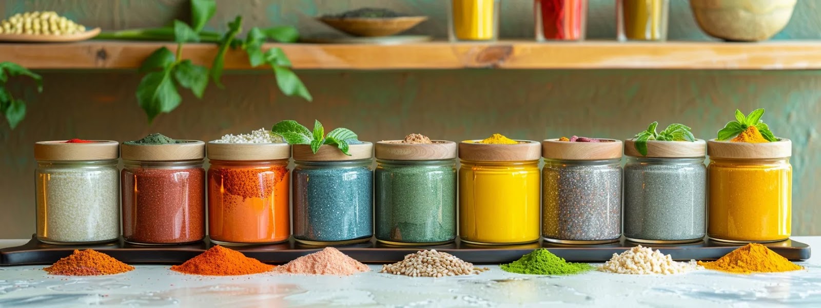 a vibrant, modern kitchen setting showcases an array of colorful plant protein powders in stylish containers, accentuated by traditional indian ingredients like ragi and jowar, highlighting the blend of contemporary nutrition and local heritage. a vibrant, modern kitchen setting showcases an array of colorful plant protein powders in stylish containers, accentuated by traditional indian ingredients like ragi and jowar, highlighting the blend of contemporary nutrition and local heritage.