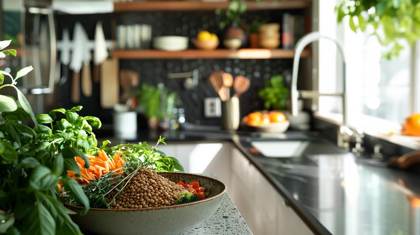 a visually enticing lentil and brown rice bowl, artfully arranged in a sleek, modern kitchen setting, showcases vibrant colors and textures, emphasizing the appeal of healthy, plant-based eating. a visually enticing lentil and brown rice bowl, artfully arranged in a sleek, modern kitchen setting, showcases vibrant colors and textures, emphasizing the appeal of healthy, plant-based eating.