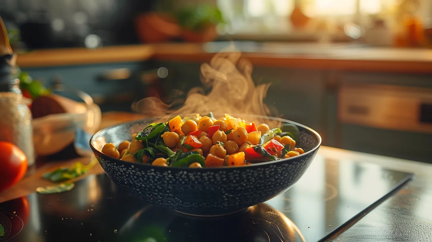 a vibrant, close-up shot of a steaming bowl of chickpea and spinach stew, artfully garnished with bell pepper slices, served on a modern kitchen countertop, showcasing its rich colors and inviting texture under warm, ambient lighting. a vibrant, close-up shot of a steaming bowl of chickpea and spinach stew, artfully garnished with bell pepper slices, served on a modern kitchen countertop, showcasing its rich colors and inviting texture under warm, ambient lighting.