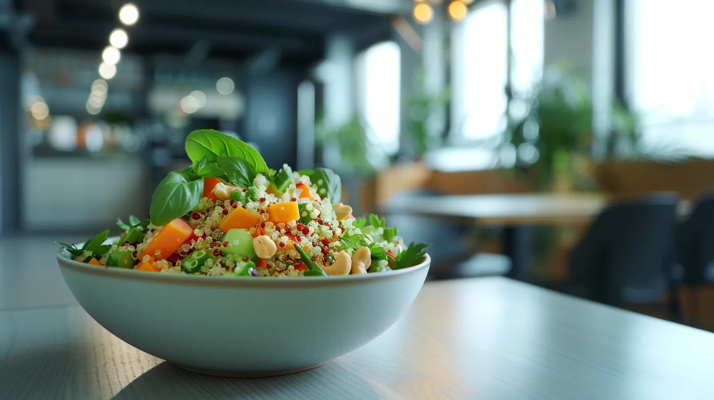 a vibrant, garnished quinoa salad filled with colorful diced vegetables, cashew nuts, and flax seeds, presented elegantly on a sleek modern office table, with a bright overhead light illuminating the dish to emphasize its freshness and nutritional appeal. a vibrant, garnished quinoa salad filled with colorful diced vegetables, cashew nuts, and flax seeds, presented elegantly on a sleek modern office table, with a bright overhead light illuminating the dish to emphasize its freshness and nutritional appeal.