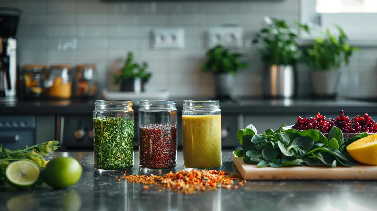 a vibrant, modern kitchen countertop showcases colorful vegan protein shakes in sleek glass jars, surrounded by various exotic superfoods like bright green spinach and zesty lime peel, highlighting an innovative approach to nutritious meal prep. a vibrant, modern kitchen countertop showcases colorful vegan protein shakes in sleek glass jars, surrounded by various exotic superfoods like bright green spinach and zesty lime peel, highlighting an innovative approach to nutritious meal prep.
